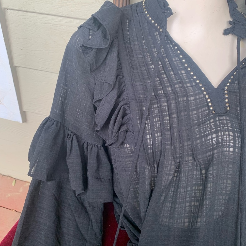 Free Generation ruffle front pirate black chiffon style sheer blouse top - Picture 12 of 15